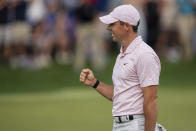 Rory McIlroy reacts after winning on the 18th hole during the fourth round of the Wells Fargo Championship golf tournament at Quail Hollow on Sunday, May 9, 2021, in Charlotte, N.C. (AP Photo/Jacob Kupferman)