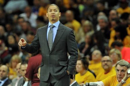 Cleveland Cavaliers head coach Tyronn Lue during the second half in game one of the second round of the NBA Playoffs at Quicken Loans Arena. The Cavs won 104-93. Mandatory Credit: Ken Blaze-USA TODAY Sports