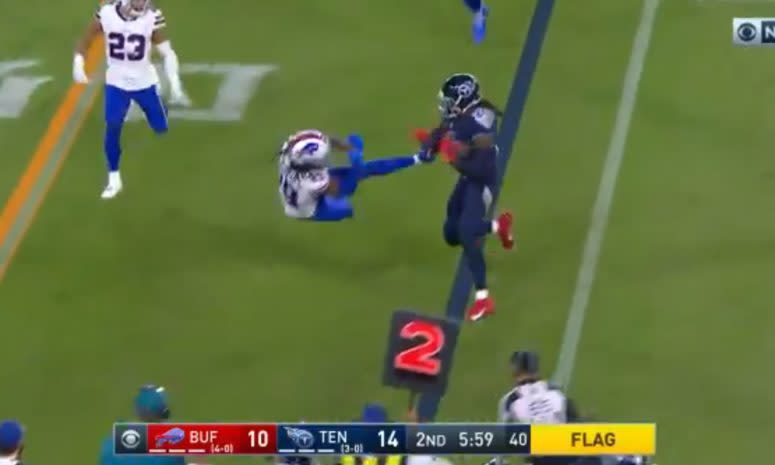 Derrick Henry sends Josh Norman flying during a Tennessee Titans win over the Buffalo Bills in 2020.