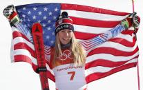 <p>Gold medalist Mikaela Shiffrin of the U.S. celebrates during the victory ceremony. </p>