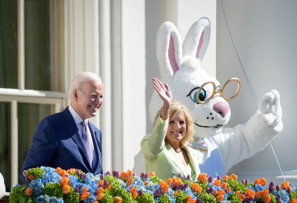 President Joe Biden and first lady Jill Biden welcome people to the annual Easter Egg Roll on the South Lawn of the White House on Monday, April 10, 2023.