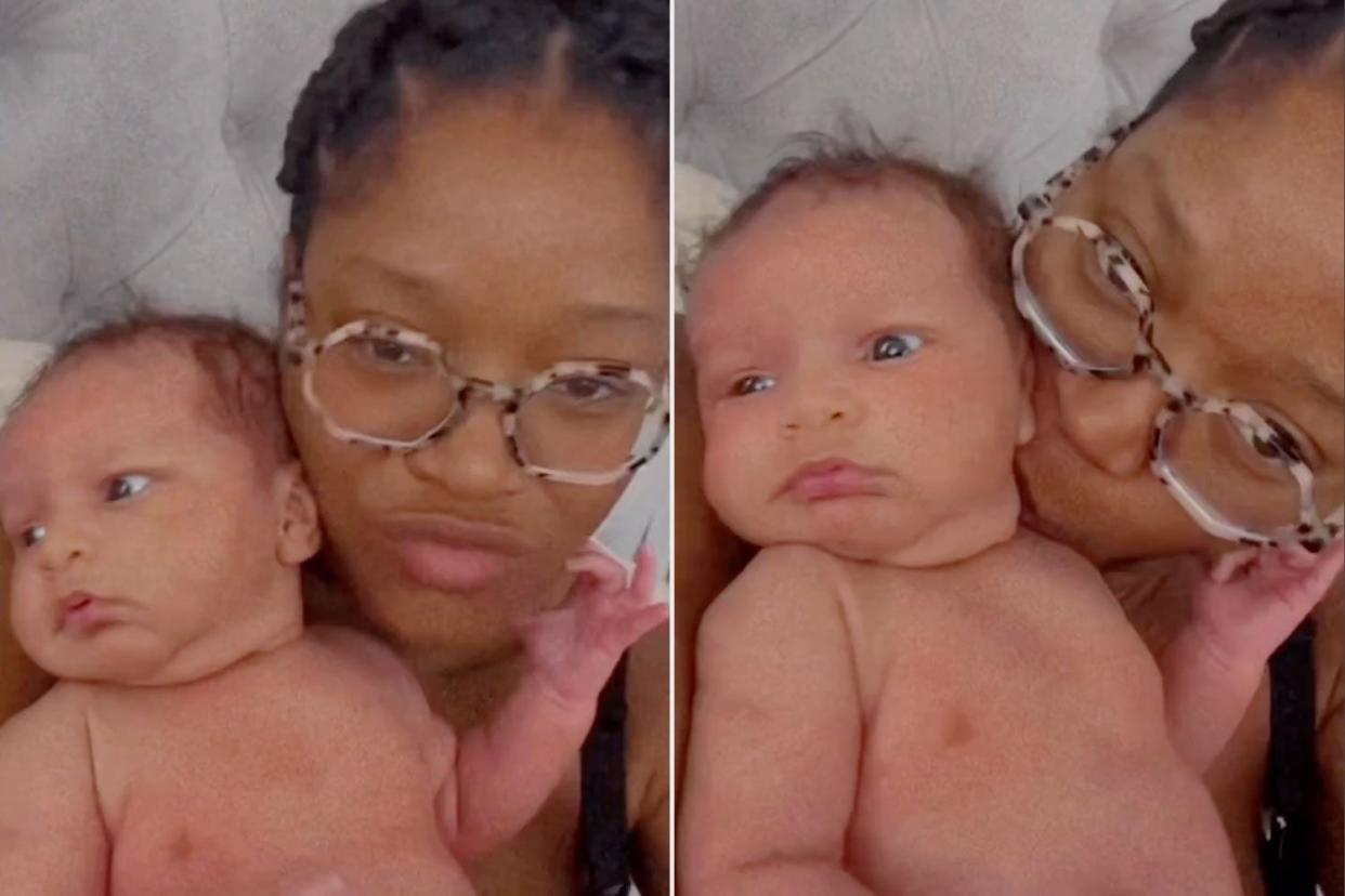 "We manifested you little buddy!" wrote Keke Palmer, sharing a sweet video of herself dancing around with 5-week-old son Leodis "Leo" Andrellton resting on her chest. (Keke Palmer/Instagram)