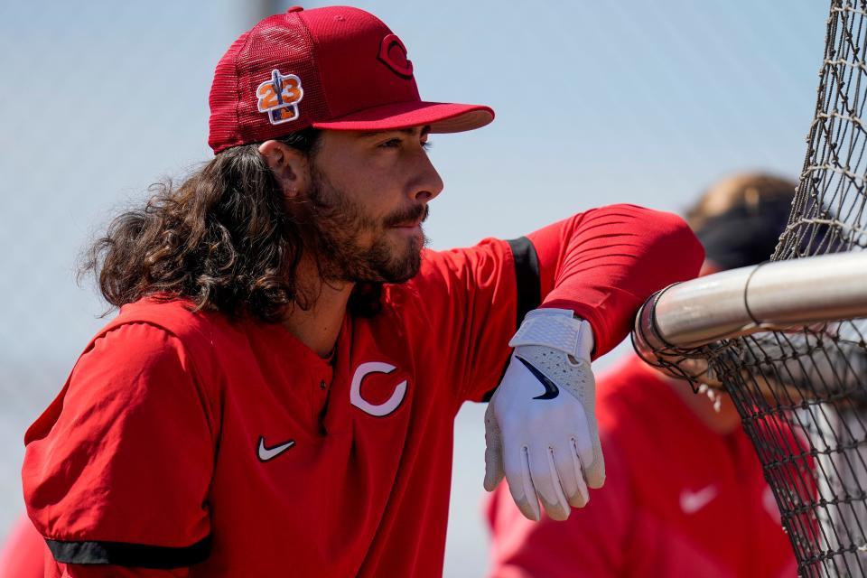 Cincinnati Reds second baseman Jonathan India watches between rounds of batting practice on Feb. 23.