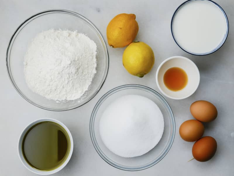 Lemon cake ingredients on a countertop.