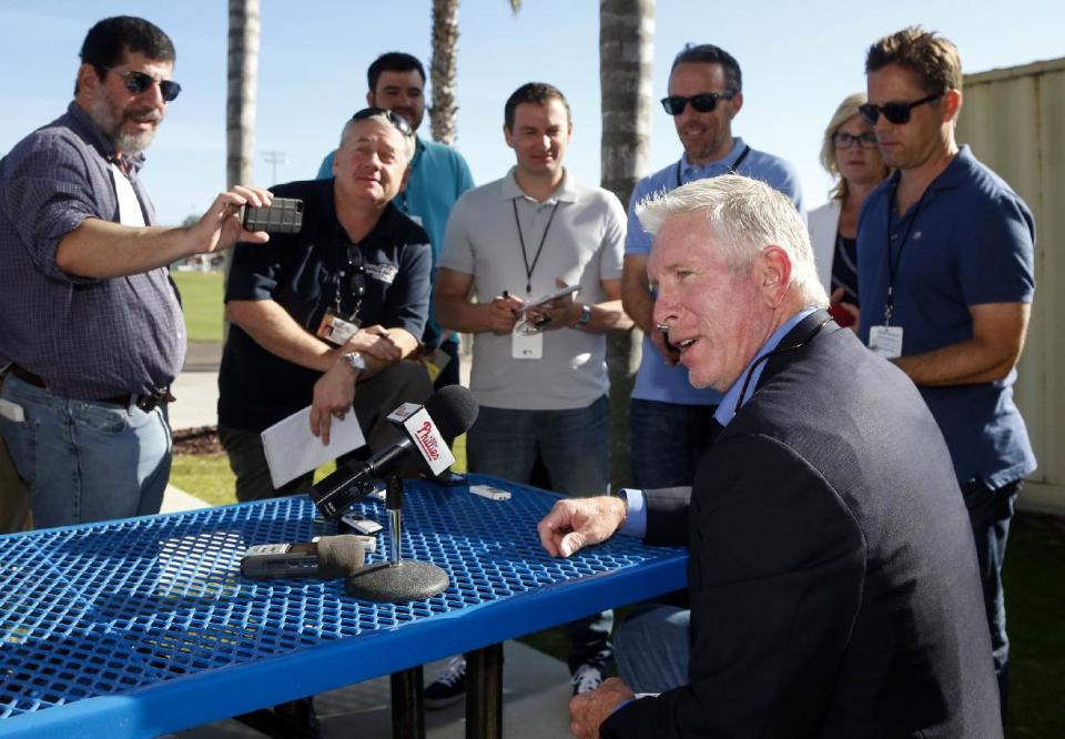 Baseball Hall of Famer and former Philadelphia Phillies third baseman Mike Schmidt speaks at a news conference at the Phillies spring training complex Sunday, March 16, 2014, in Clearwater, Fla. (AP Photo/Mike Carlson)