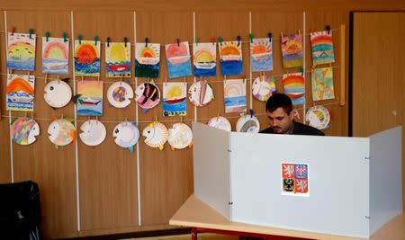 A man fills out his ballot paper to vote in parliamentary elections at a polling station in Prague, Czech Republic October 20, 2017. REUTERS/David W Cerny