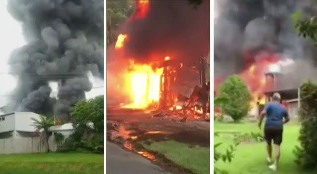 A brave Gold Coast man jumped the fence to pull his neighbour from the inferno that was destroying his property. Source: 7 News