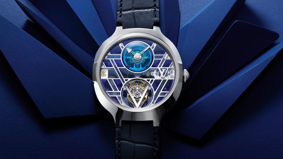 LV Voyager Flying Tourbillon “Poinçon de Genève” Plique-à-jour｜錶徑41mm／鉑金及18K白金材質／時、分指示；飛行陀飛輪裝置／LV 104自動上鍊機芯／動力儲存80小時／防水50米／定價NT$10,750,000