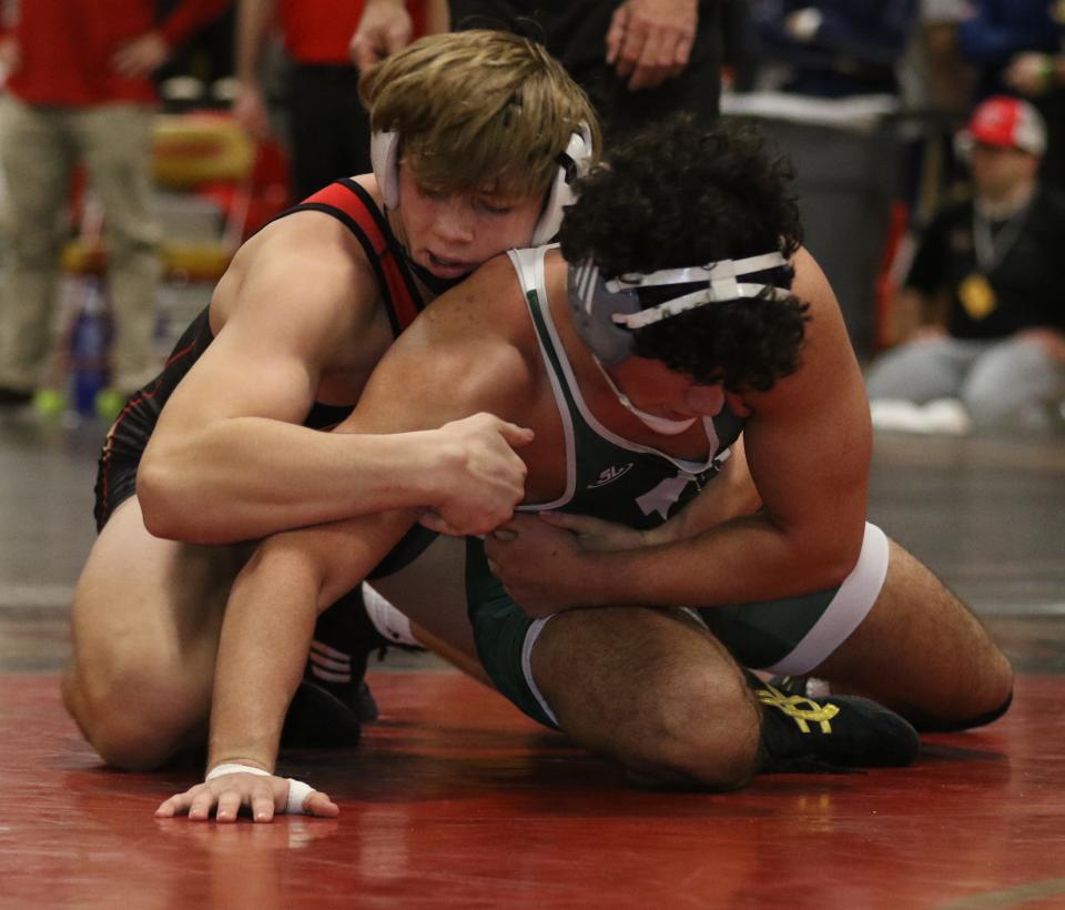 Mt Olive, NJ -- January 27, 2024 -- Tyler Bienus of Mt. Olive won this 190 lb. semi-final, defeating Elbrus Majagah of Delbarton in the Morris County Wrestling Tournament held at Mt. Olive, NJ on January 27, 2024.