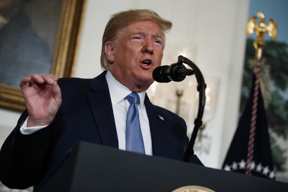 President Donald Trump speaks about the mass shootings in El Paso, Texas and Dayton, Ohio, in the Diplomatic Reception Room of the White House, Aug. 5, 2019, in Washington. (Photo: Evan Vucci/AP)