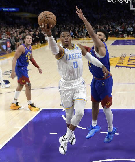 LOS ANGELES, CA - OCTOBER 30: Russell Westbrook #0 of the Los Angeles Lakers drives to the basket.