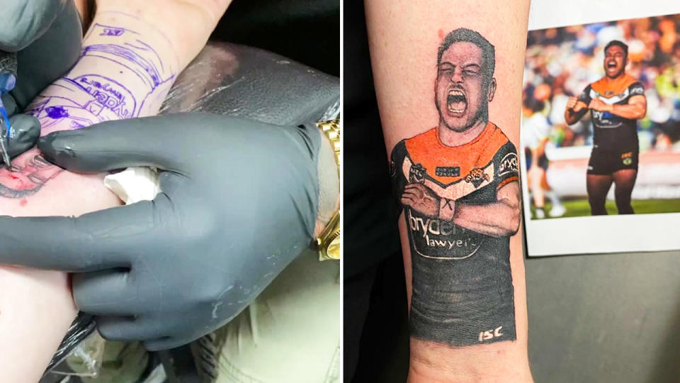 Patty Sills, pictured here with his tattoo of David Nofoaluma. 