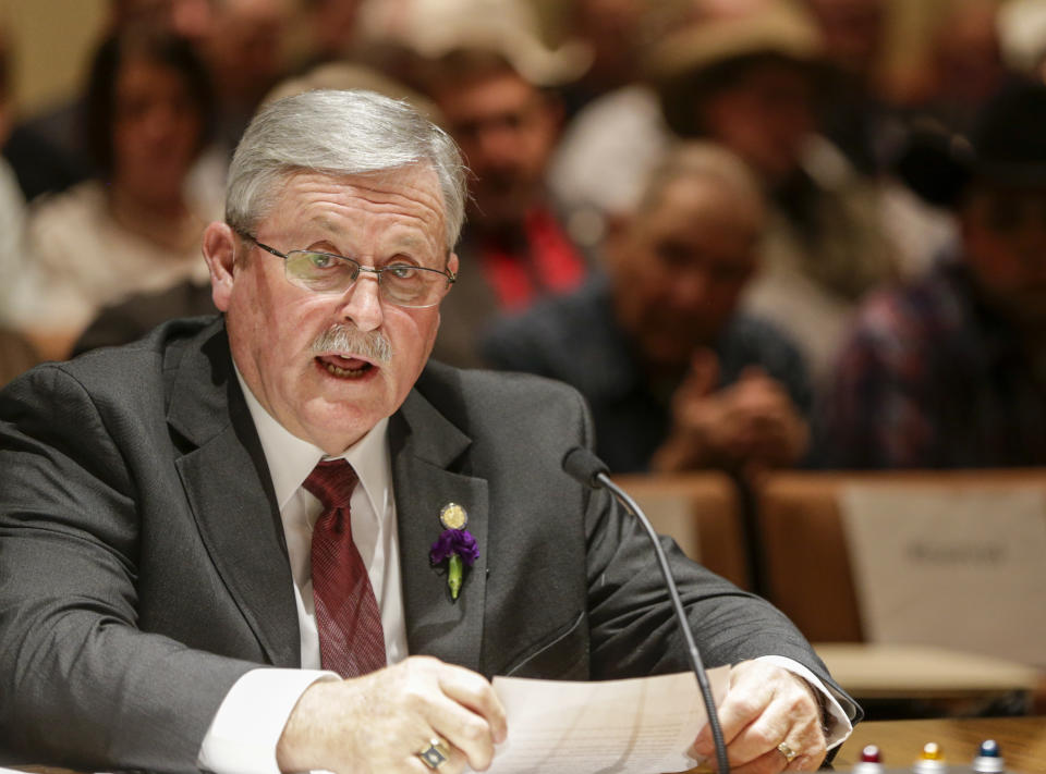 FILE - Sen. Steve Erdman, of Bayard, introduces his property tax proposal at the legislature's Revenue Committee in Lincoln, Neb., Thursday, Jan. 25, 2018. Nebraska lawmakers have begun bill debate in 2024's legislative session after conservatives failed to enact key promised rule changes meant to rein in liberal lawmakers’ ability to filibuster. (AP Photo/Nati Harnik, File)