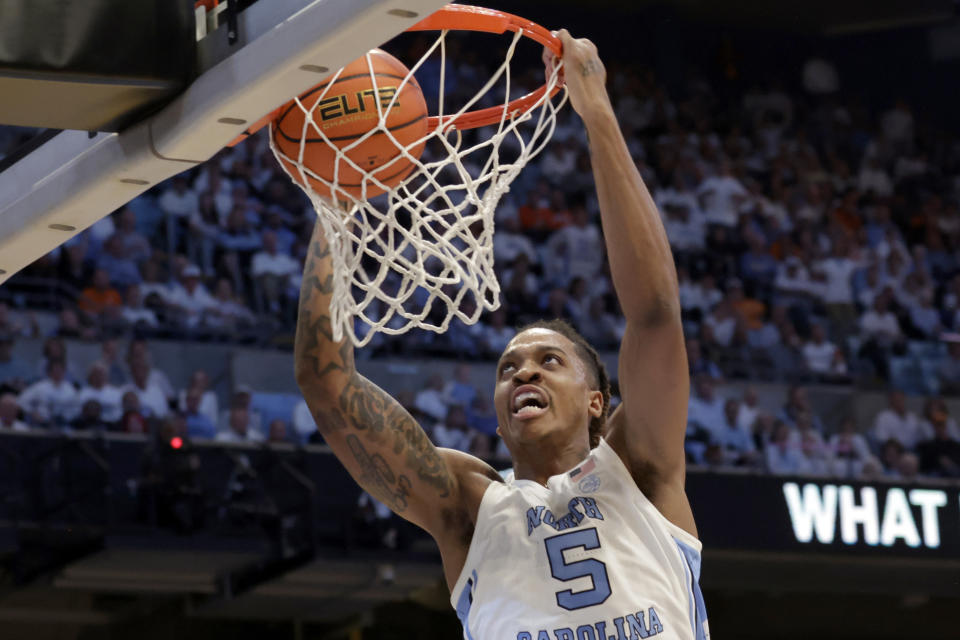 North Carolina forward Armando Bacot (5) dunks against Tennessee during the first half of an NCAA college basketball game Wednesday, Nov. 29, 2023, in Chapel Hill, N.C. (AP Photo/Chris Seward)