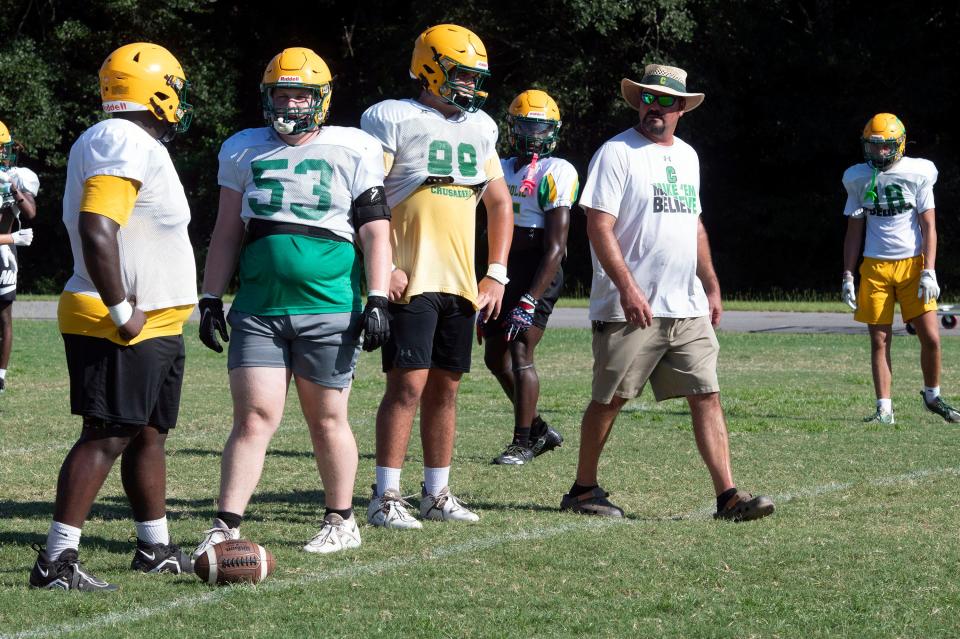 Catholic High School football coach Matt Adams accesses his players as the team prepares for the 2023 football season on Thursday, Aug. 10, 2023. 