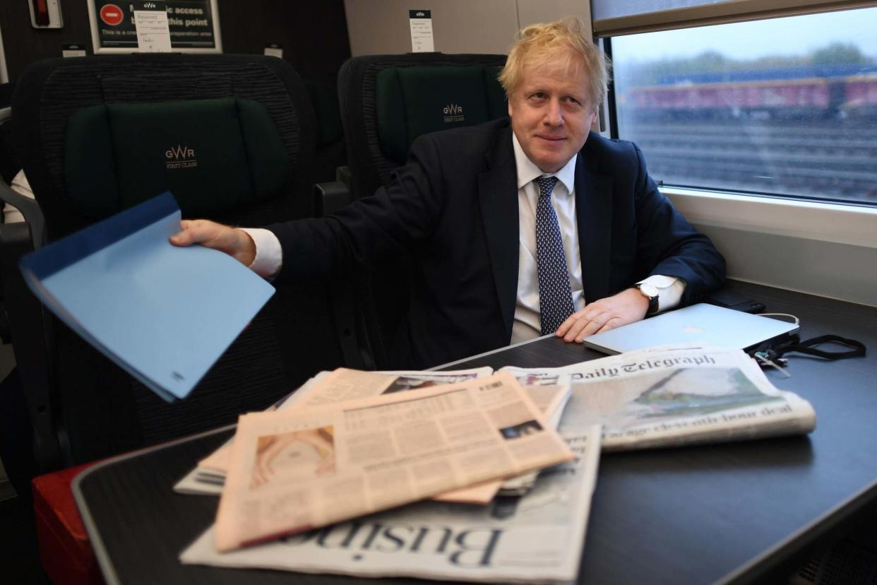 Prime Minister Boris Johnson takes a train to the South West of England on Thursday: PA