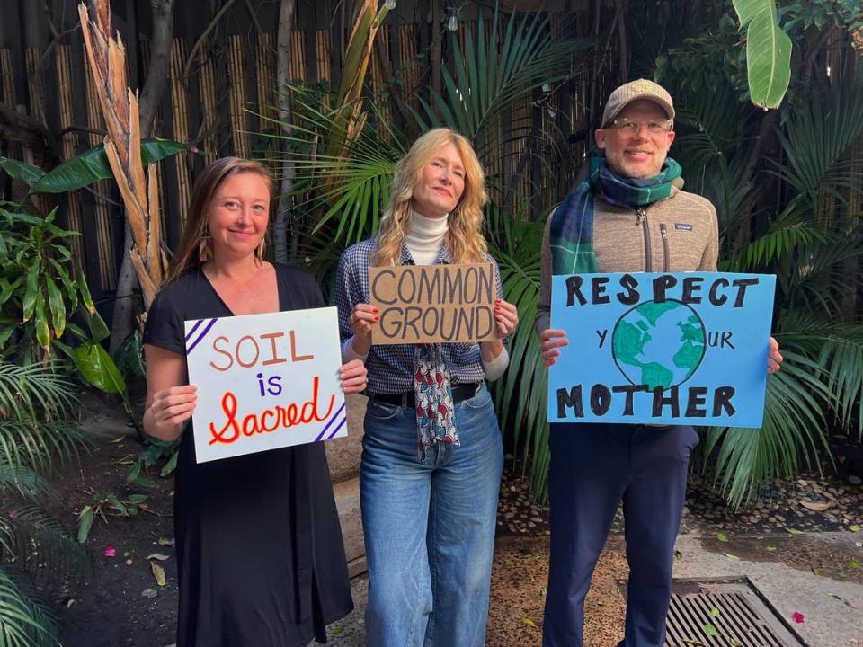 Laura Dern, center, a featured narrator in the documentary “Common Ground,” is photographed with Rebecca and Josh Tickell, the documentary’s directors and producers