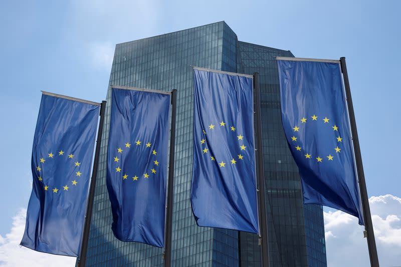 European flags are seen in front of the ECB building, in Frankfurt