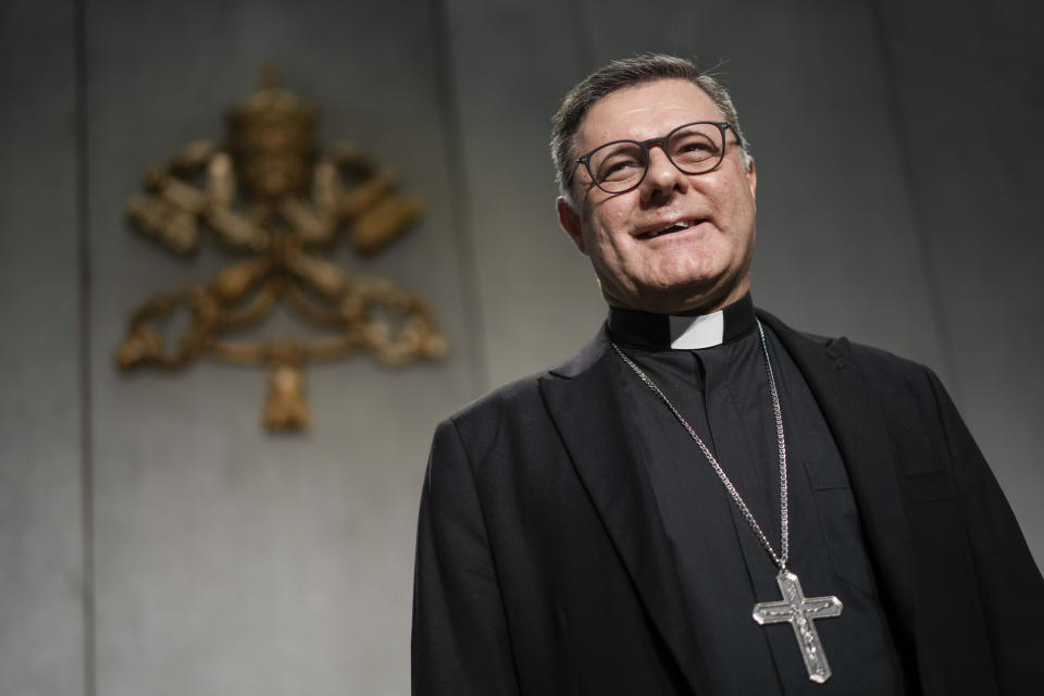 Newly named cardinal Paulo Cezar Costa, poses for a photo, during a press conference at the Vatican, Saturday, Aug. 27, 2022. Pope Francis will formally expand the ranks of churchmen now eligible to vote for his successor in case he dies or resigns. Of the 20 churchmen being raised to cardinal’s rank on Saturday in the ceremony known as a consistory in St. Peter’s Basilica, 16 are younger than 80 and thus, according to church law, could participate in a conclave – a ritual-shrouded, locked-door assembly of cardinals who cast paper ballots to elect a new pontiff. (AP Photo/Andrew Medichini)