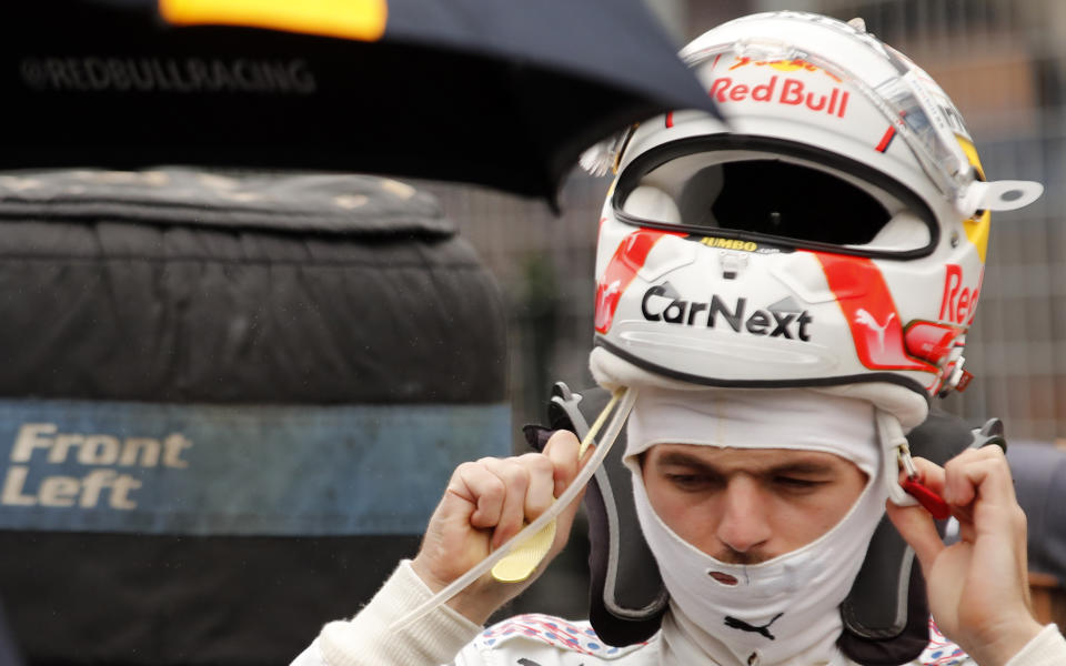 Red Bull driver Max Verstappen of the Netherlands prepares for the Turkish Formula One Grand Prix at the Intercity Istanbul Park circuit in Istanbul, Turkey, Sunday, Oct. 10, 2021. (Umit Bektas/Pool via AP)