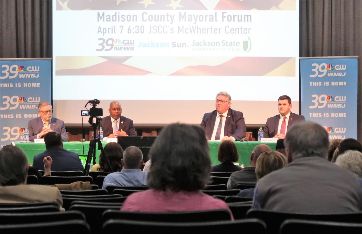 All four candidates for Madison County Mayor sit at their respective tables at The Jackson Sun and WNBJ's mayoral forum at Jackson State Community College on April 7.