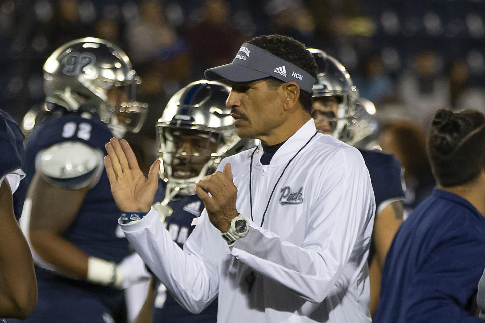 Nevada head coach Jay Norvell before an NCAA college football game against Hawaii in Reno, Nev., Saturday, Oct. 16, 2021. (AP Photo/Tom R. Smedes)