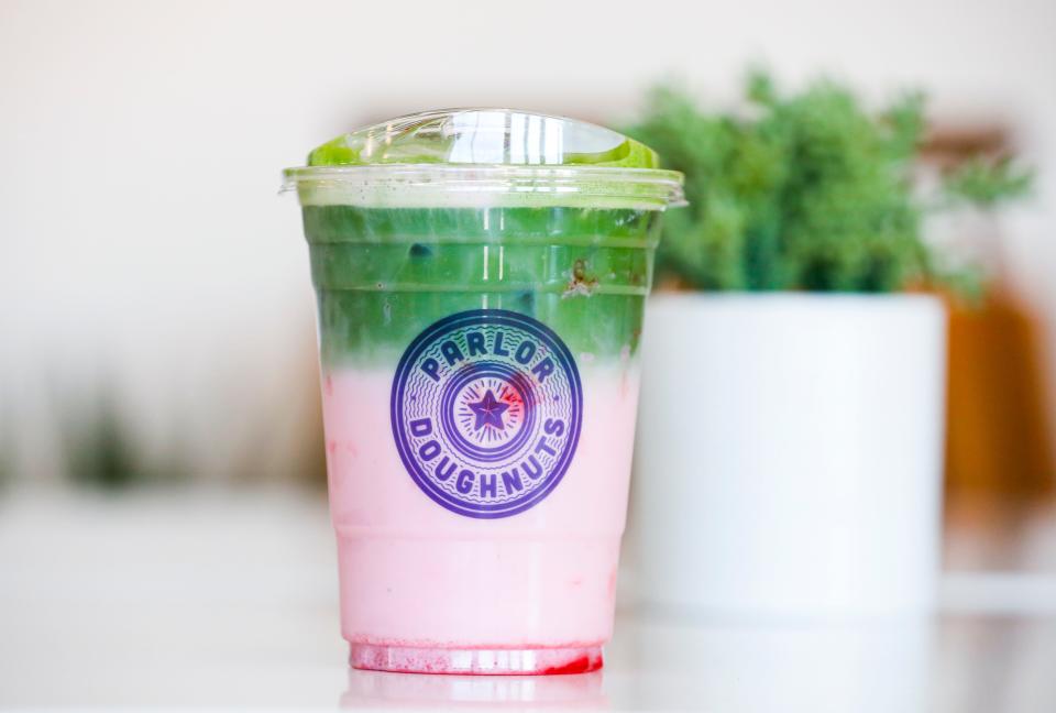 An iced Strawberry Milk Matcha summer seasonal drink at Parlor Doughnuts on Thursday, June 1, 2023.