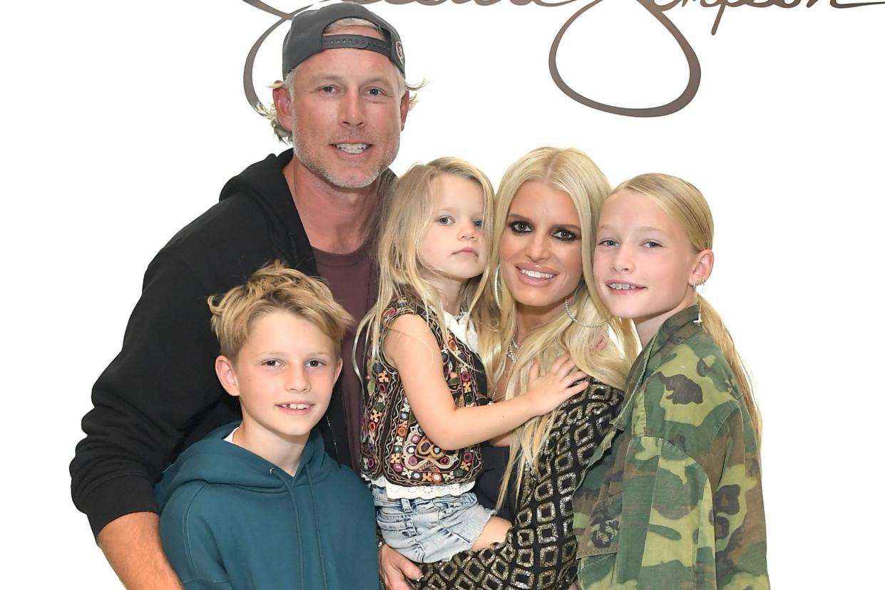 LOS ANGELES, CALIFORNIA - SEPTEMBER 24: Ace Knute Johnson, Eric Johnson, Birdie Mae Johnson, Jessica Simpson, and Maxwell Drew Johnson celebrate the launch of Jessica Simpson's Fall Collection with fans and a special performance by the LA Roller Girls at Nordstrom at The Grove on September 24, 2022 in Los Angeles, California. (Photo by Charley Gallay/Getty Images for Jessica Simpson Collection)