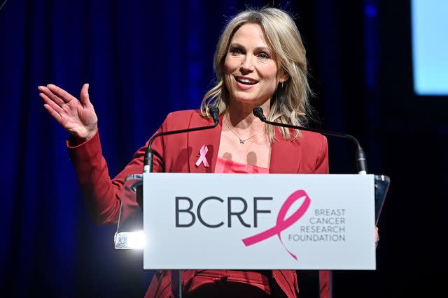 <p>Noam Galai/Getty </p> Amy Robach speaks onstage during the Breast Cancer Research Foundation (BCRF) New York Symposium on Oct. 27, 2022 in New York City