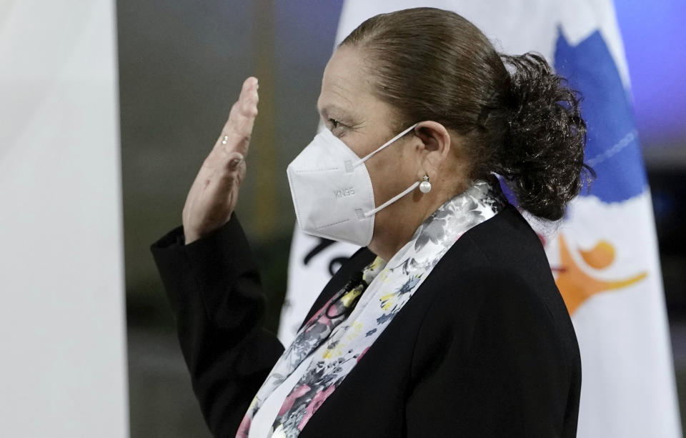 Guatemalan Attorney General Consuelo Porras is sworn in for another four-year term, at the National Palace in Guatemala City, Monday, May 16, 2022. (AP Photo/Moises Castillo)