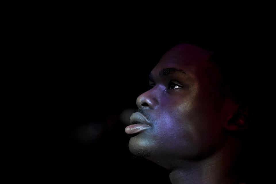 Dayton guard Enoch Cheeks stands on the court during player introductions before an NCAA college basketball game against Davidson, Tuesday, Feb. 27, 2024, in Dayton, Ohio. (AP Photo/Aaron Doster)