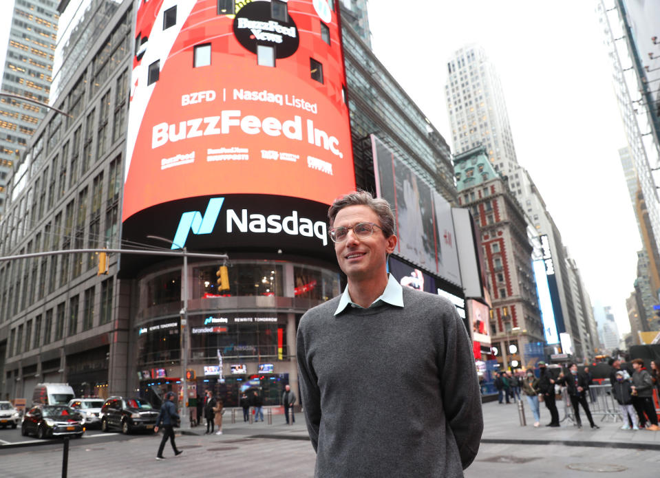 NEW YORK, NEW YORK - DECEMBER 06: Founder and CEO of BuzzFeed Jonah H. Peretti poses in front of BuzzFeed screen on Times Square during BuzzFeed Inc.'s Listing Day at Nasdaq on December 06, 2021 in New York City. (Photo by Bennett Raglin/Getty Images for BuzzFeed Inc.)