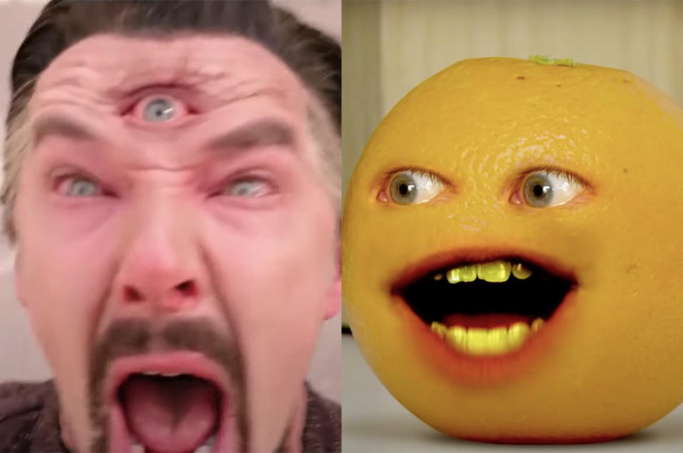 The third eye in Doctor Strange's forehead next to a photo Annoying Orange