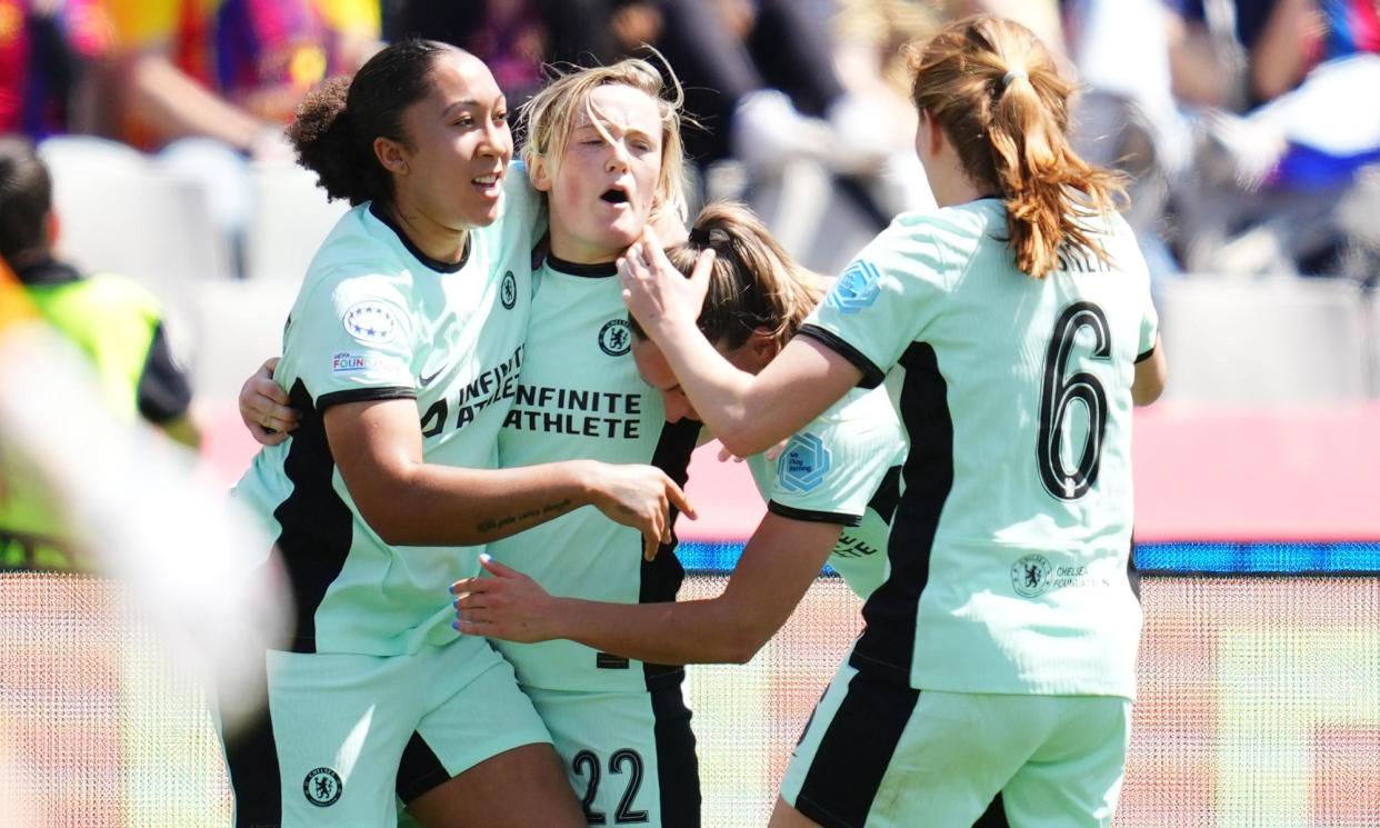 <span>Erin Cuthbert (centre) is congratulated by her teammates after giving Chelsea a 1-0 lead against Barcelona. </span><span>Photograph: Bagu Blanco/REX/Shutterstock</span>