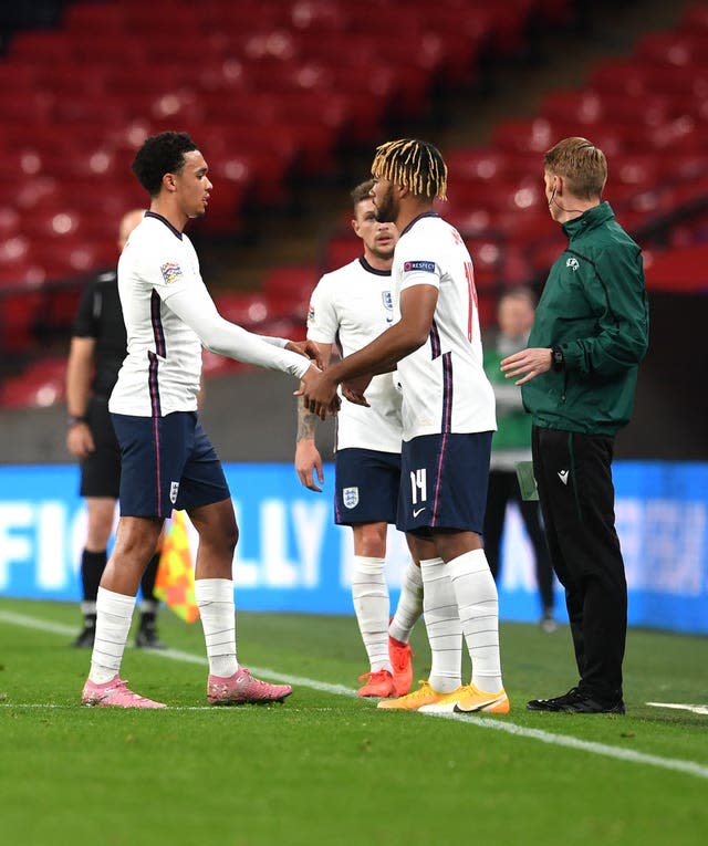 Trent Alexander-Arnold, left, Reece James, right, and Kieran Trippier, background, are among the right-backs named in the England squad 