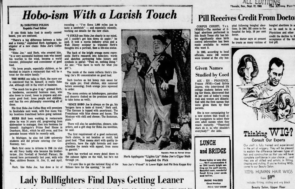 Herb Applegate stands near a statue of Hobo Joe, the namesake character of a popular coffee shop chain in the Phoenix area, in a 1965 Republic clipping.