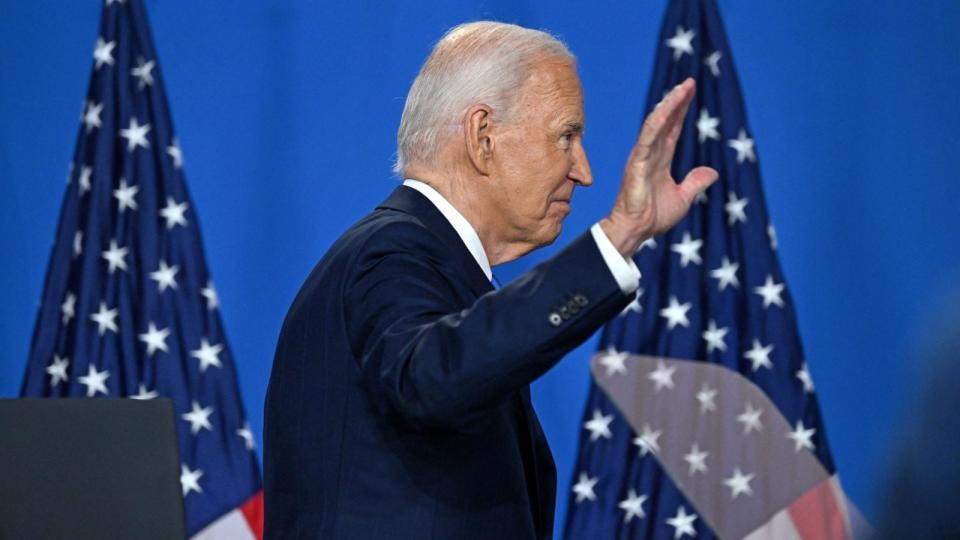 PHOTO: President Joe Biden waves as he leaves after speaking during a press conference at the close of the 75th NATO Summit in Washington, July 11, 2024.  (Saul Loeb/AFP via Getty Images)