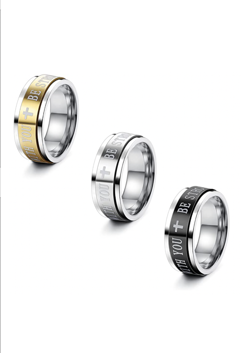 7) 3 Stainless Steel Encouraging Script Fidget Rings