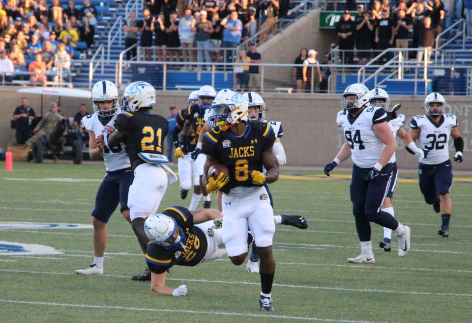 South Dakota State's Tyler Feldkamp breaks free for a punt return touchdown during Saturday's 45-17 win over Butler. The play was called back because of an illegal formation penalty.