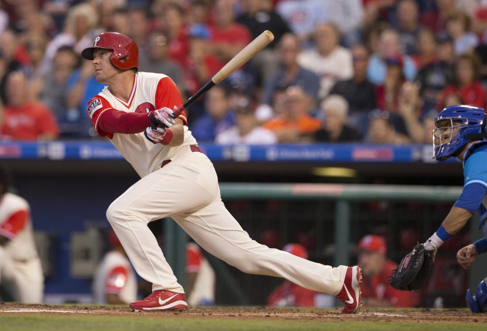 Rhys Hoskins hits a two run home run in the bottom of the first inning against the Chicago Cubs on August 26, 2017 in Philadelphia, Pennsylvania. (Getty Images)