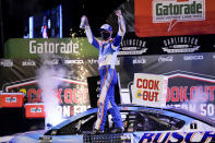 Kevin Harvick (4) celebrates a win at the NASCAR Cup Series auto race, Sunday, Sept. 6, 2020, in Darlington, S.C. (AP Photo/Chris Carlson)