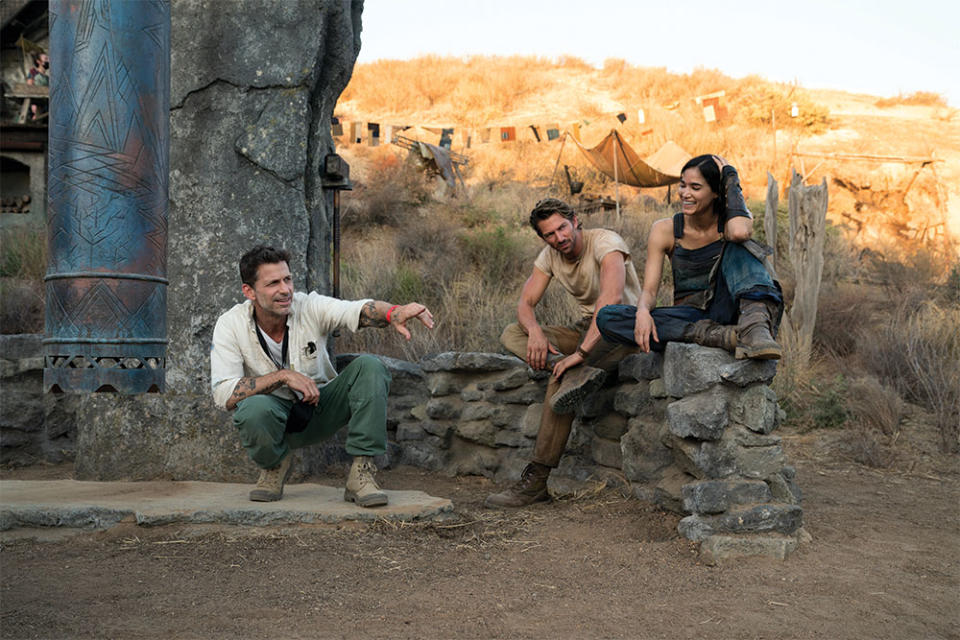 Snyder (left), Michiel Huisman and Sofia Boutella on the Rebel Moon set.