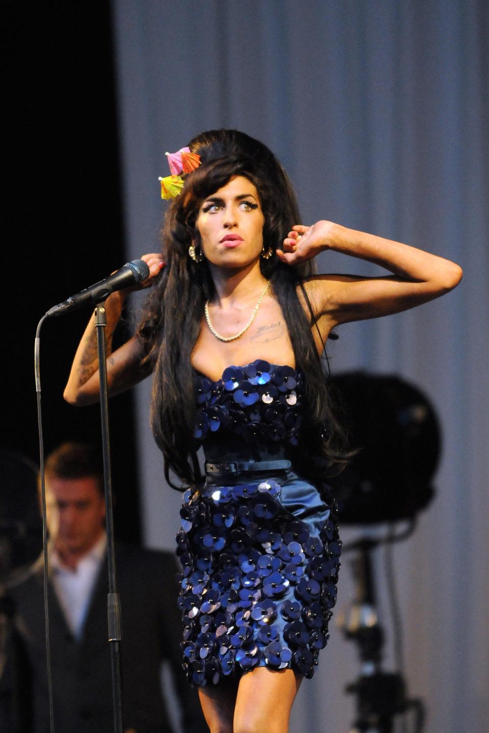 Amy Winehouse on the Pyramid stage during day two of the 2008 Glastonbury Festival.