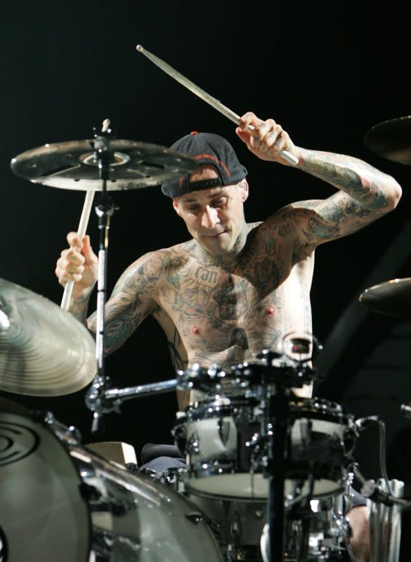 Travis Barker with Blink 182 performs in concert on the Honda Civic Tour at the Cruzan Amphitheater in West Palm Beach, Fla., in 2011. File Photo by Michael Bush/UPI