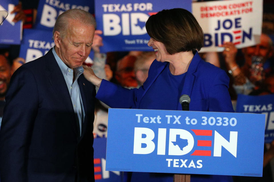 Sen. Amy Klobuchar, D-Minn., endorses Democratic presidential candidate former Vice President Joe Biden at a campaign rally Monday, March 2, 2020 in Dallas. (AP Photo/Richard W. Rodriguez)