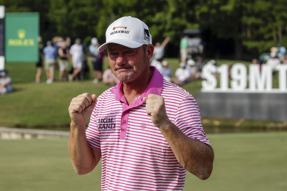 Alex Cejka, of Germany, reacts after defeating Steve Stricker on the first hole of a playoff after the final round of the Regions Tradition PGA Tour Champions golf tournament Sunday, May 9, 2021, in Hoover, Ala. (AP Photo/Butch Dill)