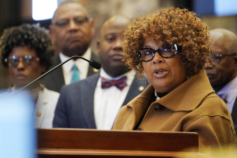 Sen. Barbara Blackmon, D-Canton, surrounded by Democratic lawmakers, speaks against legislation that would transfer ownership of the water system from the city of Jackson to a new public entity managed by a nine-member board selected by the mayor, governor and lieutenant governor, at the Mississippi Capitol, Tuesday, Feb. 7, 2023, in Jackson. The legislation passed the Senate and goes to the House. (AP Photo/Rogelio V. Solis)