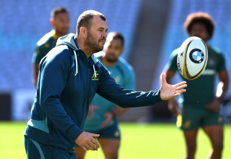 Australian Wallabies' head coach Michael Cheika conducts a training session in Sydney, on August 18, 2017