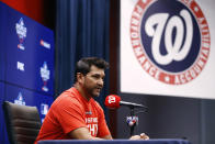 Washington Nationals manager Dave Martinez speaks during a news conference Thursday, Oct. 24, 2019, in Washington. The Nationals and the Houston Astros are scheduled to play Game 3 of baseball's World Series on Friday. (AP Photo/Patrick Semansky)