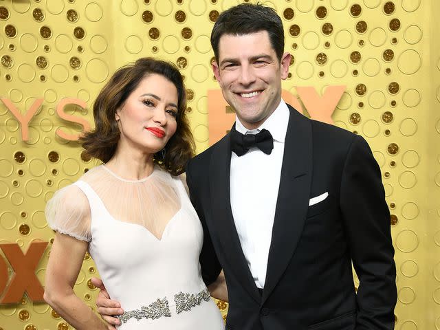 <p>Frazer Harrison/Getty</p> Tess Sanchez and Max Greenfield at the 71st Emmy Awards in 2019.
